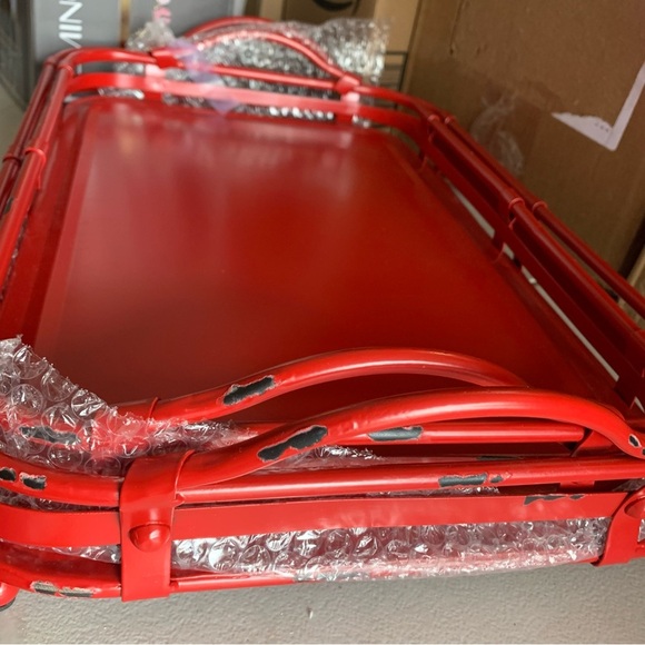 Deco 79 Vintage Metal Rectangle Tray, Set Of 2 19", 17"W, Red - Picture 10 of 13